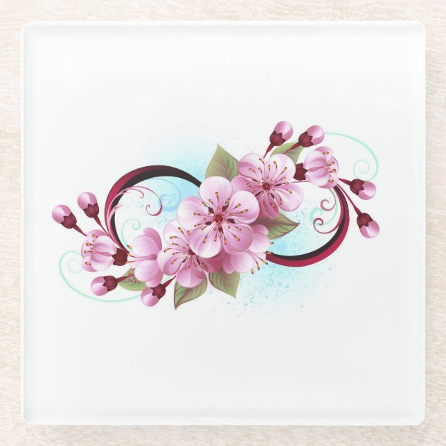 Infinity with Sakura Blossom Flowers Glass Coaster (Front)