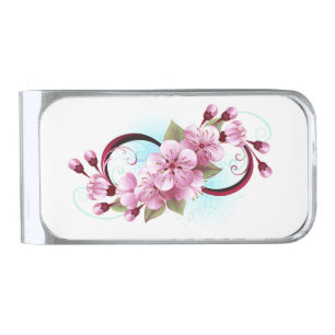 Infinity with Sakura Blossom Flowers Silver Finish Money Clip