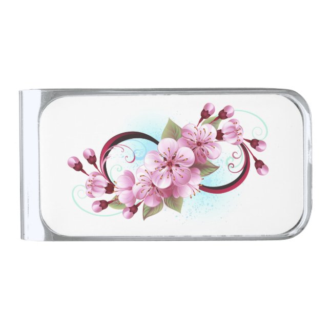 Infinity with Sakura Blossom Flowers Silver Finish Money Clip (Front)