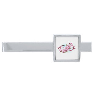 Infinity with Sakura Blossom Flowers Silver Finish Tie Bar