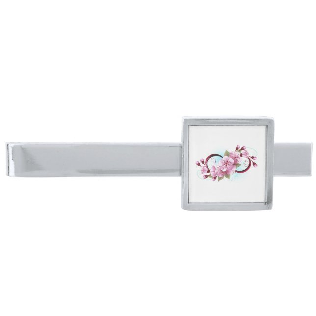 Infinity with Sakura Blossom Flowers Silver Finish Tie Bar (Front)