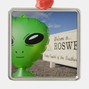 Inflatable alien with Welcome to Roswell sign in Metal Ornament