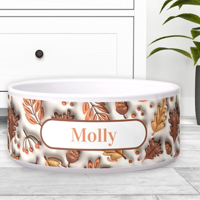 Inflated Fall Leaves Acorn Tiles Name Modern Pet Bowl (Inflated Fall Leaves Acorn Tiles Name Pet Bowl)