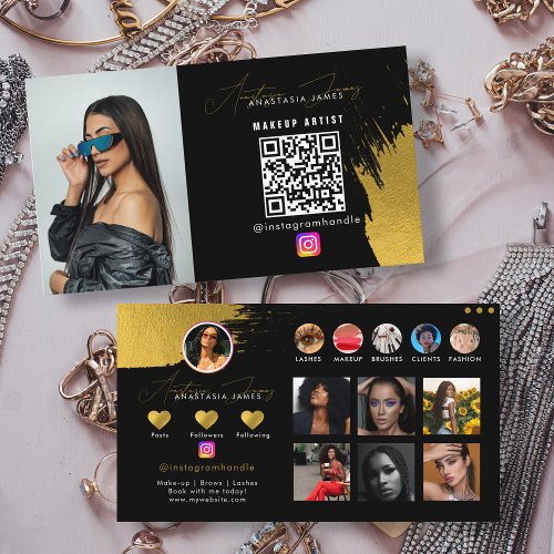 Influencer Black  Gold Social Media QR Code  Business Card