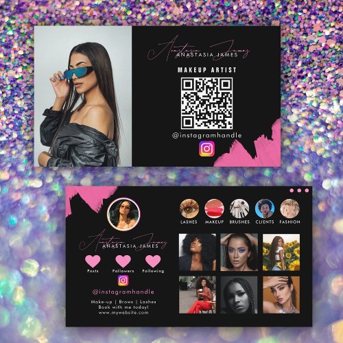 Influencer Black  Pink Social Media QR Code  Business Card