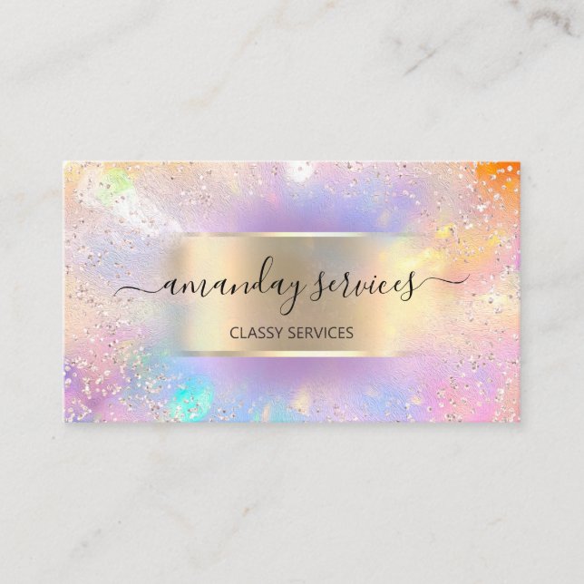 Influencer Blue Gold Drips Gold Holographic Blog Business Card (Front)