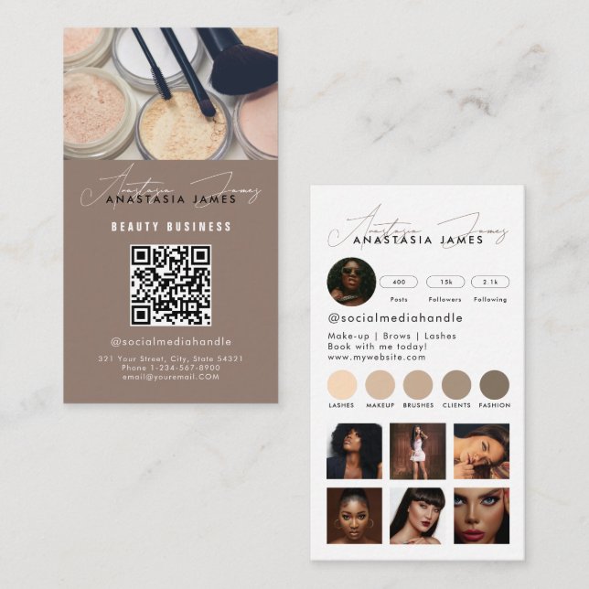 Influencer Esthetician Social Media QR Code Beige Business Card (Front/Back)
