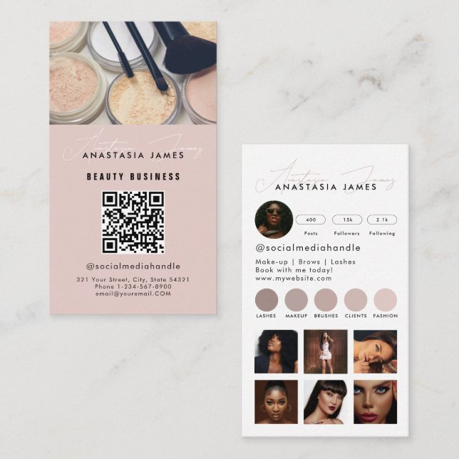 Influencer Esthetician Social Media QR Code Pink Business Card (Front/Back)