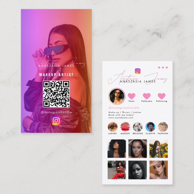 Influencer Photo Feed Girly Social Media QR Code  Business Card (Front/Back)