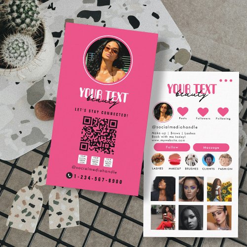 Influencer Photo Social Media QR Code Hot Pink Business Card