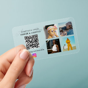 Influencer Social Media QR Code 4 Photo Unique Clear Business Cards
