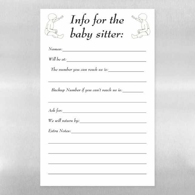 Info for the Baby Sitter, Dry Erase Sheet Template (Vertical)
