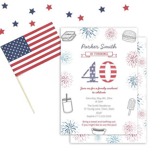 Informal Backyard 40th Birthday Party Invitation (40th birthday party design featuring red and blue fireworks with cookout or grill party icons)
