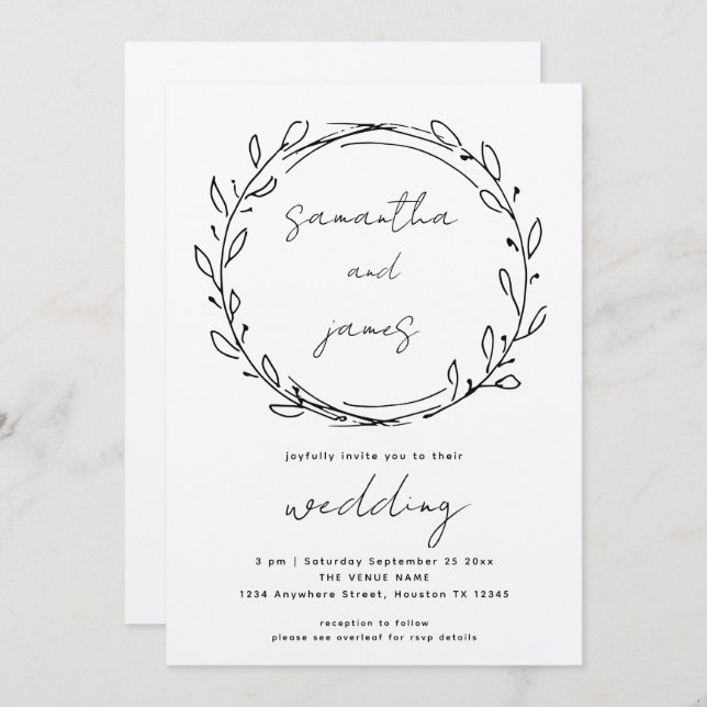  Informal Laurel Leaf Line Art QR Code Wedding Invitation (Front/Back)