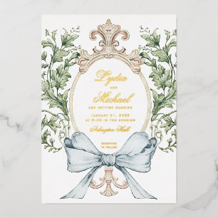 Informal Leaf Crest w/ Bow Monogram Wedding Foil Invitation