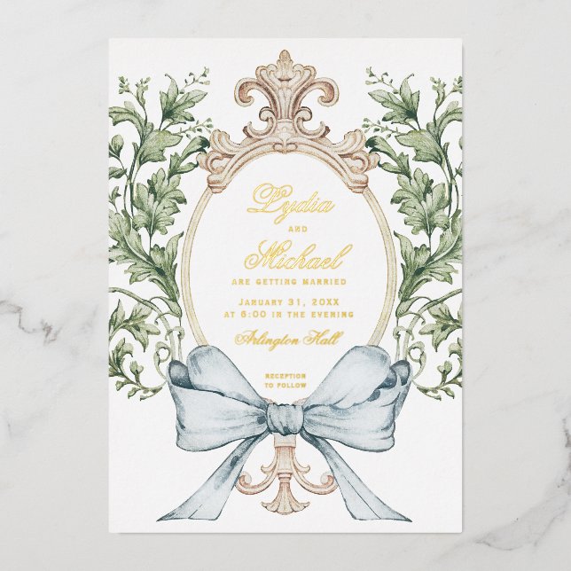 Informal Leaf Crest w/ Bow | Monogram Wedding Foil Invitation (Front)