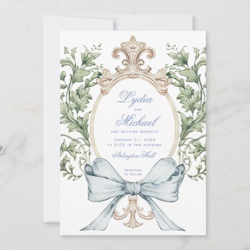 Informal Leaf Crest w Bow  Monogram Wedding Invitation