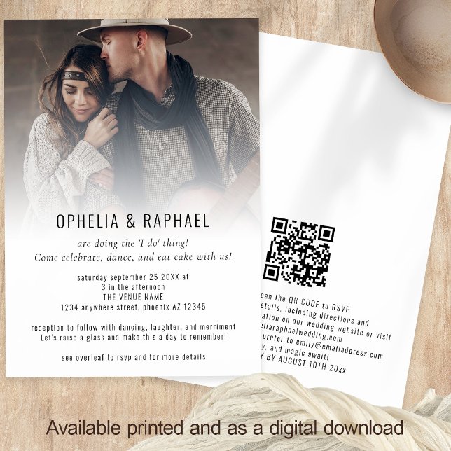 Informal Photo Overlay QR Code Fun Wedding Invitation (Front and back view)