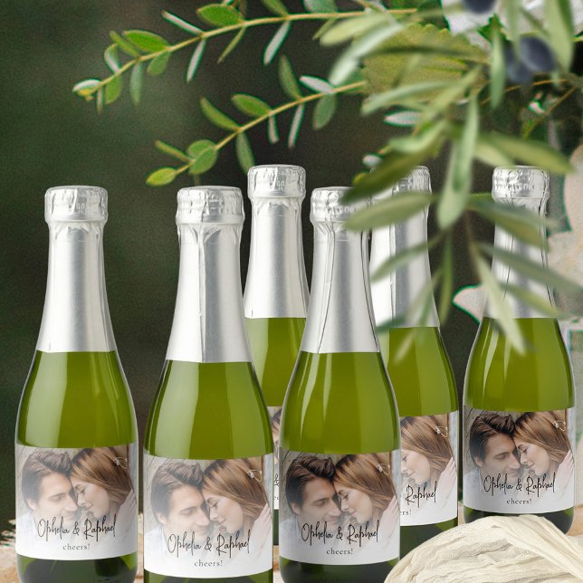 Informal Script Names Cheers Photo Wedding Favor Sparkling Wine Label (Labels in packs of 10 for your champagne favors)