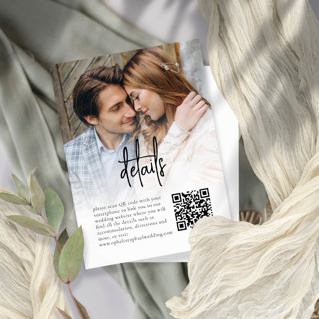 Informal Script Photo Overlay QR Wedding Details Enclosure Card (Creator Uploaded)