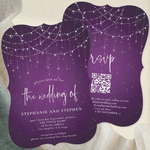 Informal Script Purple String Lights QR Wedding Invitation