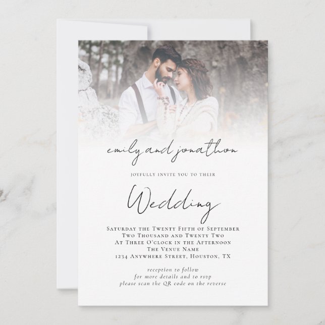 Informal Script QR Code Photo Overlay Wedding Invitation (Front)