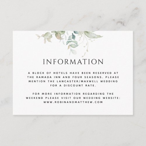Information or Other Elegant Greenery Wedding Enclosure Card