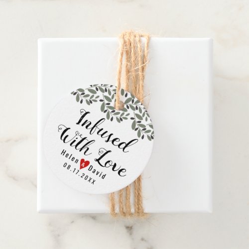 Infused with love calligraphy olive oil wedding favor tags