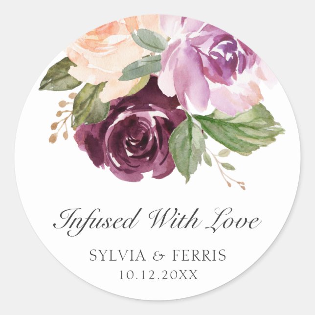 Infused With Love Moody Plum Floral Wedding Favor Classic Round Sticker (Front)