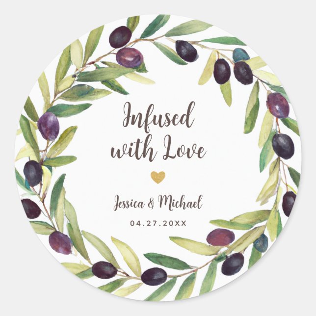  Infused with Love Wreath Olive Oil Wedding Favors Classic Round Sticker (Front)
