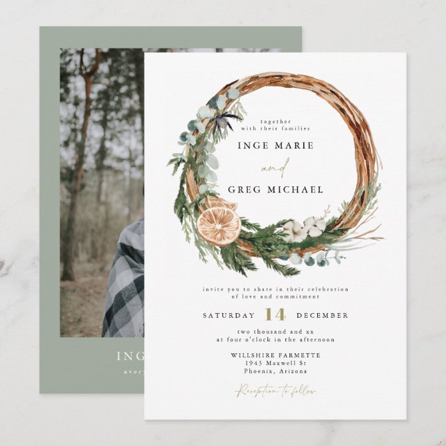 INGE Scandinavian Winter Christmas Wreath Wedding Invitation (Front/Back)