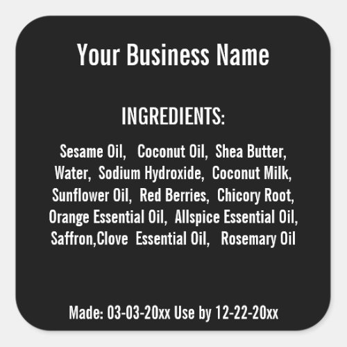  Ingredient List Handmade Soap Skincare Black Square Sticker