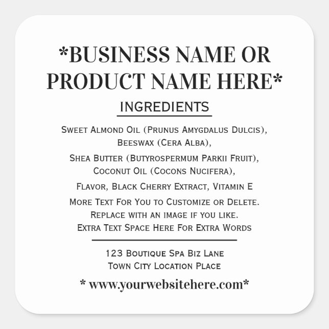 Ingredients Label White Black Square (Front)