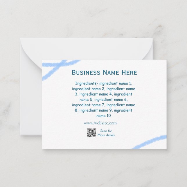 Ingredients name add business name website QR code Note Card (Front)