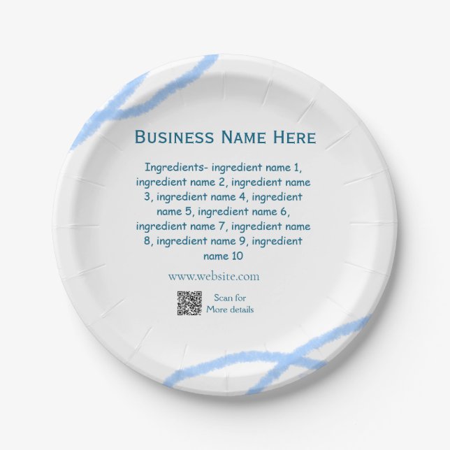 Ingredients name add business name website QR code Paper Plates (Front)