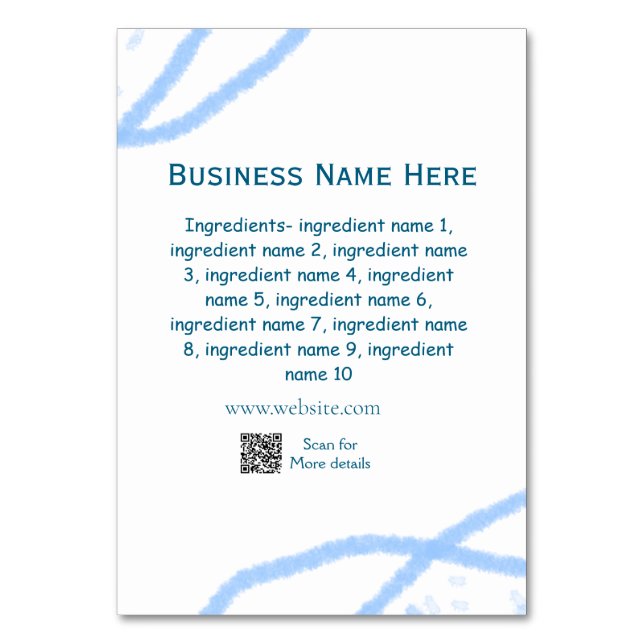 Ingredients name add business name website QR code Table Number (Front)