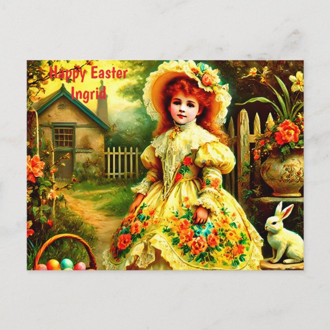 INGRID ~ HAPPY EASTER BUNNY GREETING ~  HOLIDAY POSTCARD (Front)