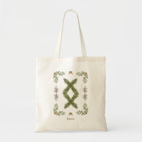 inguz Rune in Evergreen Branches Personalized Tote Bag