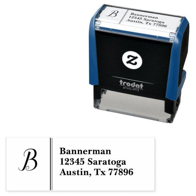 Inital on left surname address on the right |  self-inking stamp (In Situ)