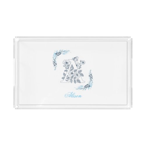Initial A Blue Monogram Calm Floral Acrylic Tray