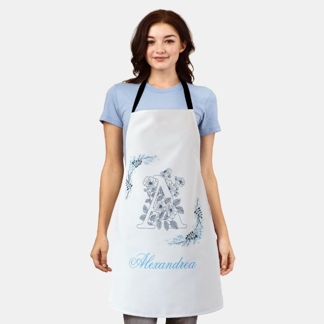 Initial "A" Blue Monogram Calm Floral Apron (Worn)