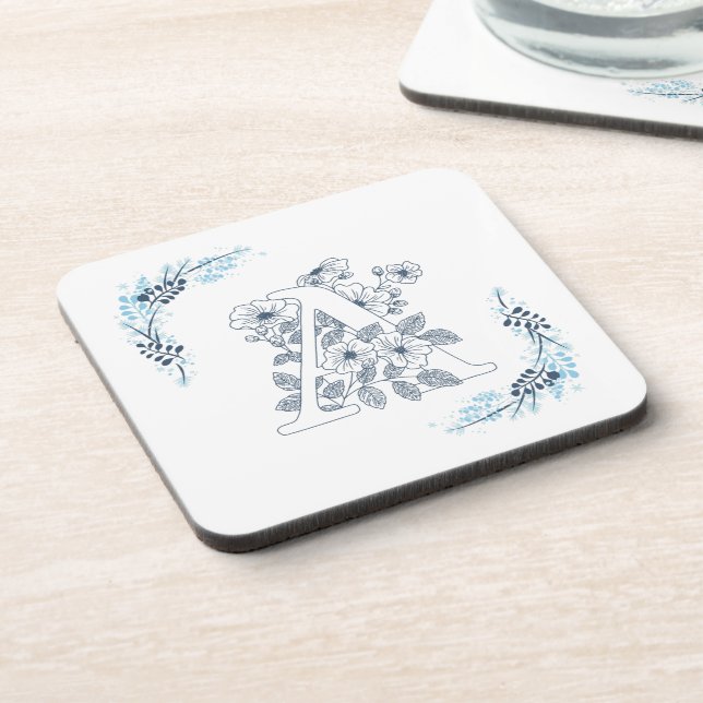 Initial "A" Blue Monogram Calm Floral Beverage Coaster (Left Side)