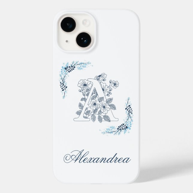 Initial "A" Blue Monogram Calm Floral Case-Mate iPhone Case (Back)