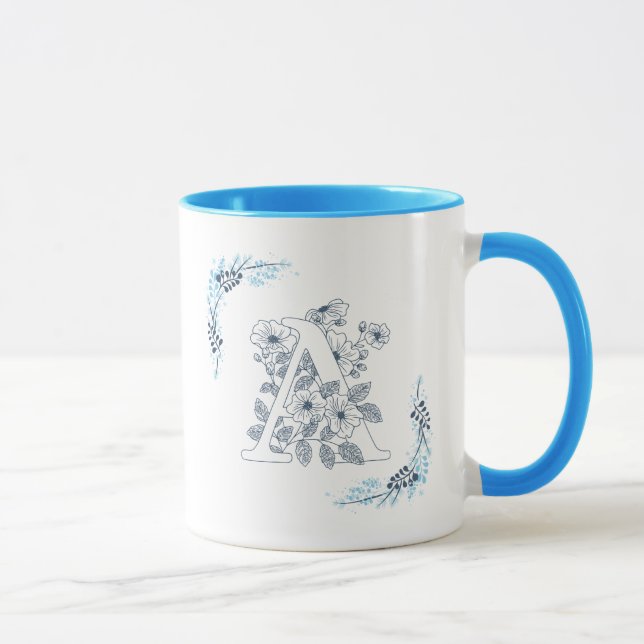 Initial "A" Blue Monogram Calm Floral Coffee Mug (Right)