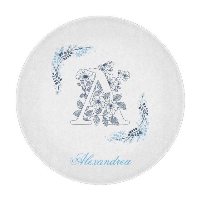 Initial "A" Blue Monogram Calm Floral Cutting Board (Front)