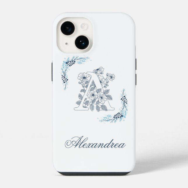 Initial "A" Blue Monogram Calm Floral Iphone Case (Back)