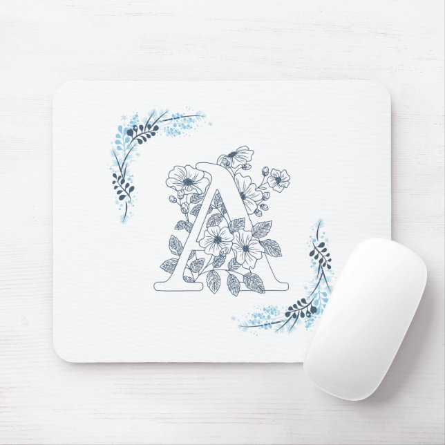 Initial "A" Blue Monogram Calm Floral Mouse Pad (With Mouse)