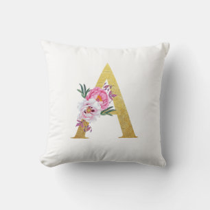 Initial A Floral Luxury Elegant Gold Pink Flower Throw Pillow