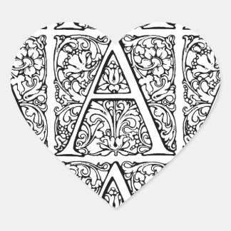 Initial A Monogram Floral Scroll Pattern Heart Sticker