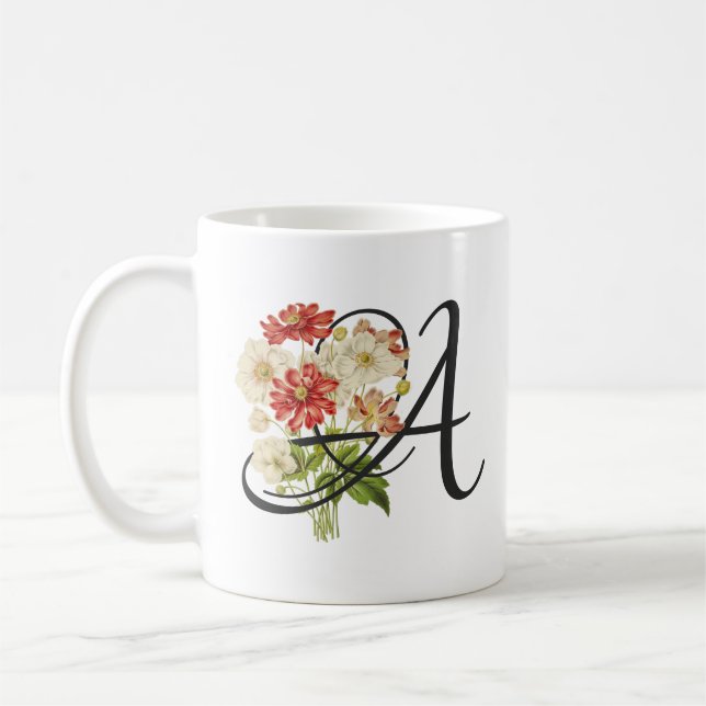 Initial A, Vintage Anemones Coffee Mug (Left)